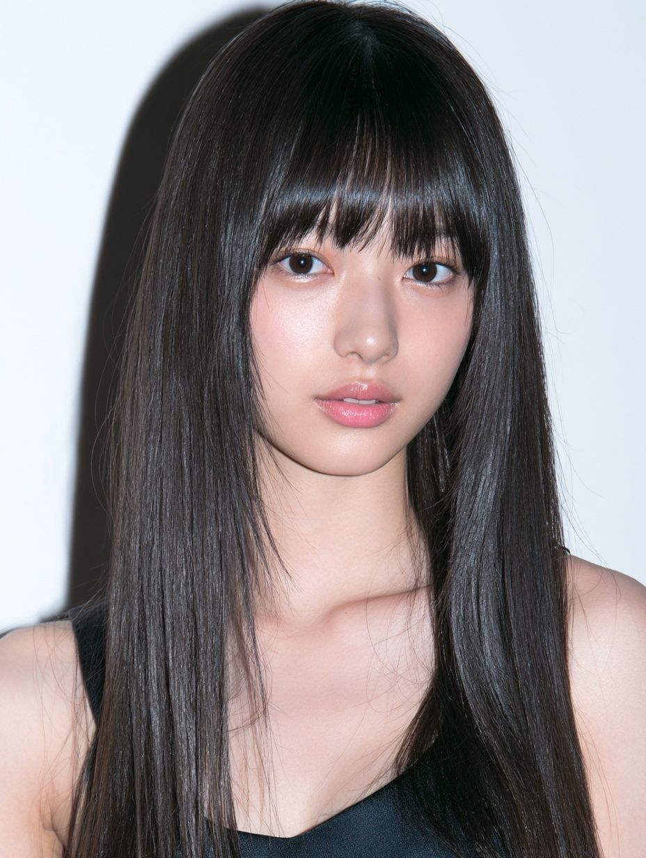 Uma jovem e linda mulher japonesa com olhos grandes e pele clara, parecendo uma idol do K-pop