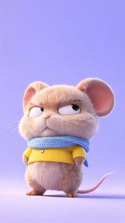 A chubby baby mouse wearing yellow clothes and a blue scarf