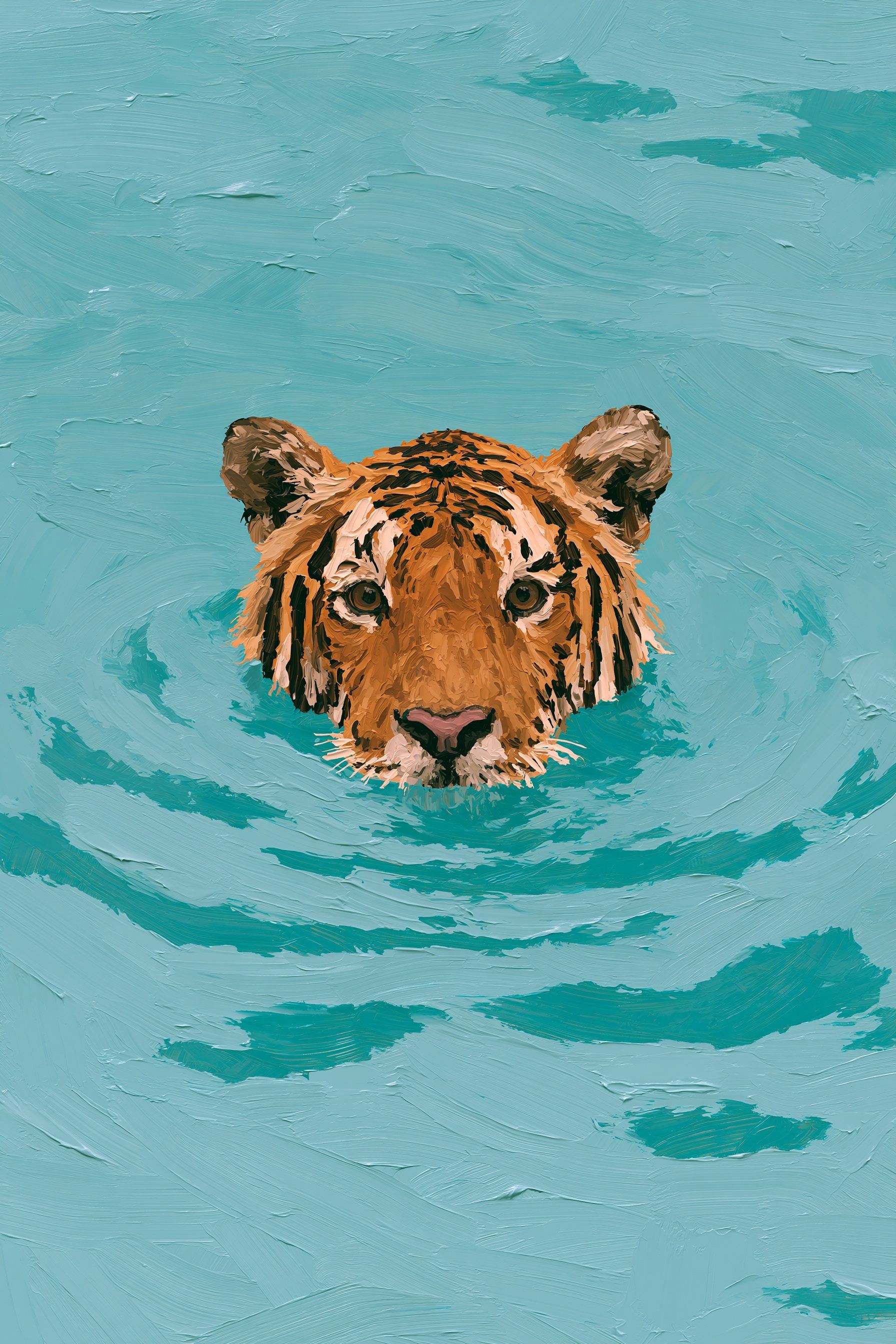رسم رقمي بتقنية الانباستو لرأس نمر يتطلع من بحيرة تركواز، مركزة مع أمواج مائية حول الرأس، الكثير من الفضاء السلبي، موضوع صغير، الرسوم السميكة.