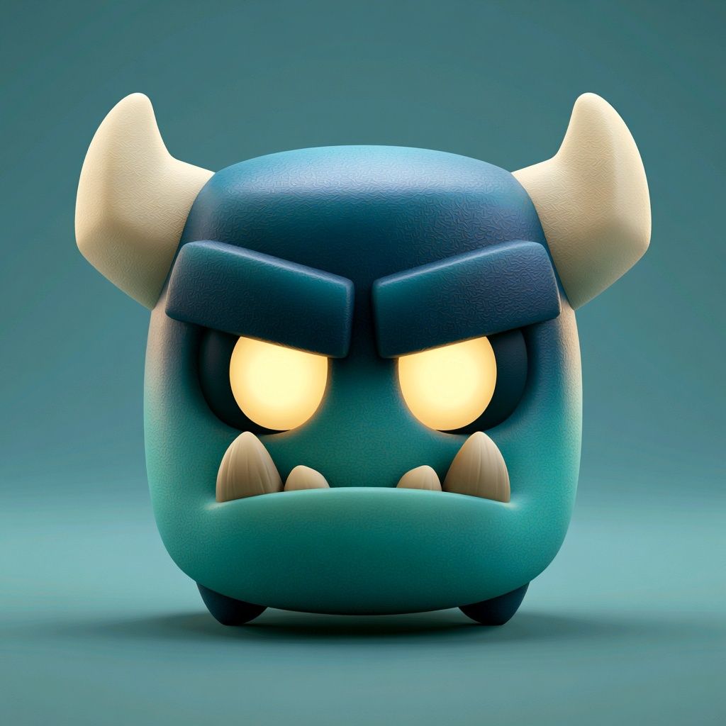 Genera un icono de cabeza de monstruo de dibujos animados 3D azul-verde en el juego de Supercell, con ojos que emiten luz amarilla, colmillos visibles, expresión feroz y dos cuernos beige en la parte superior de la cabeza.