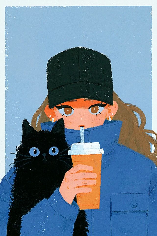 A young beautiful woman in a black cap is drinking a beverage with an intricate and dramatic background