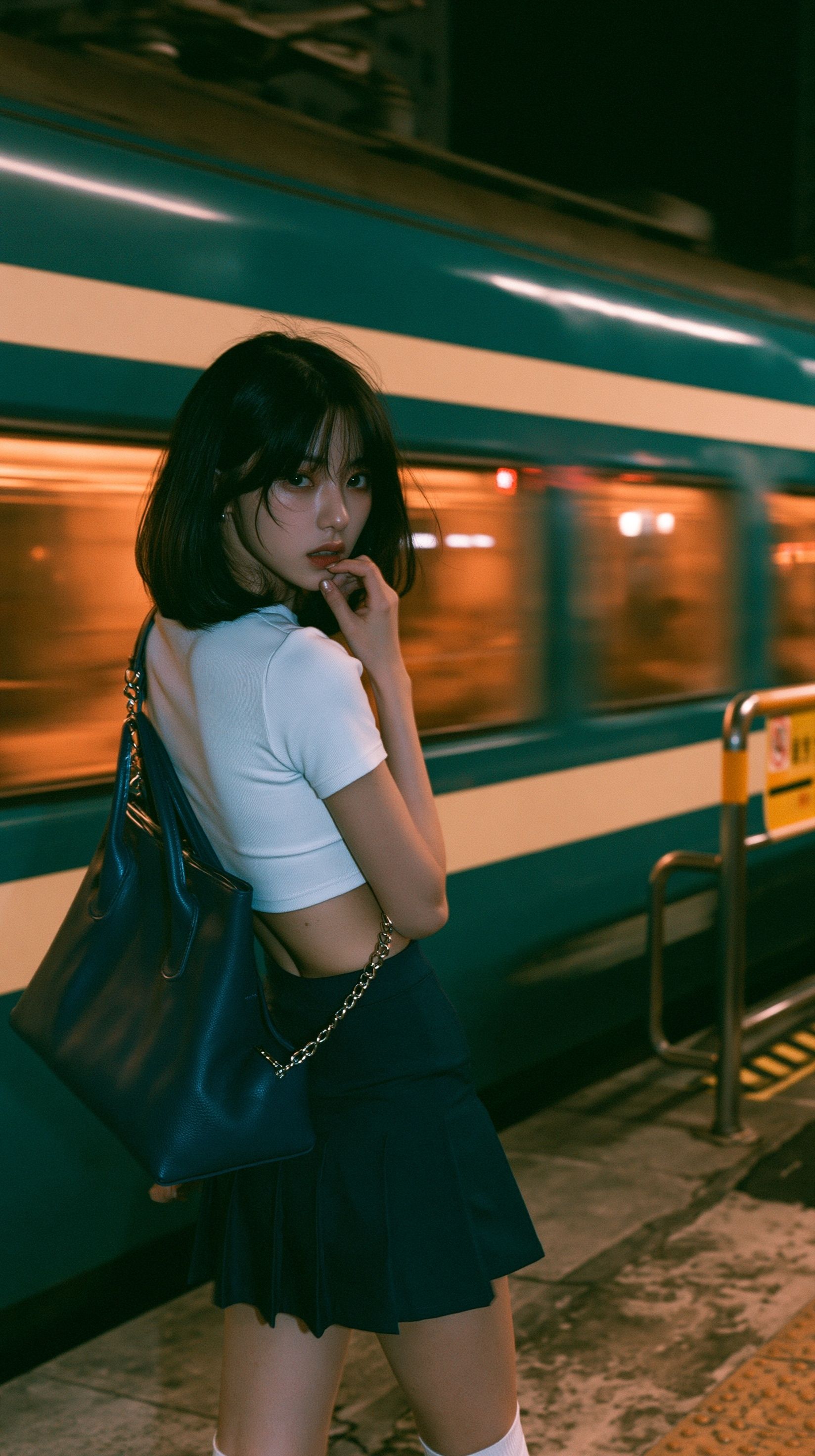 At night on the train station platform, a young East Asian woman in a white T-shirt and blue mini skirt stands against the train carriage, creating a Japanese movie-like ambience in the warm artificial light and cool surroundings.