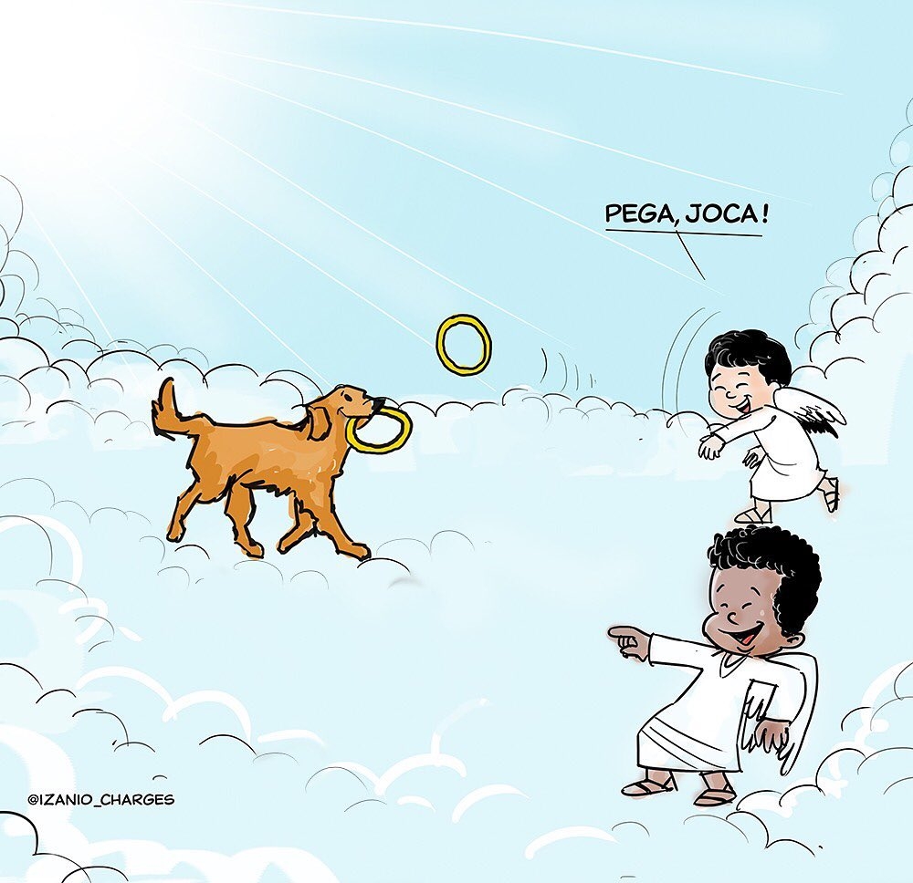 Lighthearted 2D cartoon showing a joyful golden-brown dog and two smiling little angels