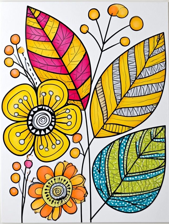 Folhas abstratas em ilustração botânica colorida