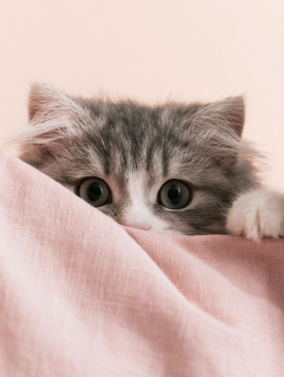 Un joli chat chasse sur un fond clair, caché derrière un oreiller