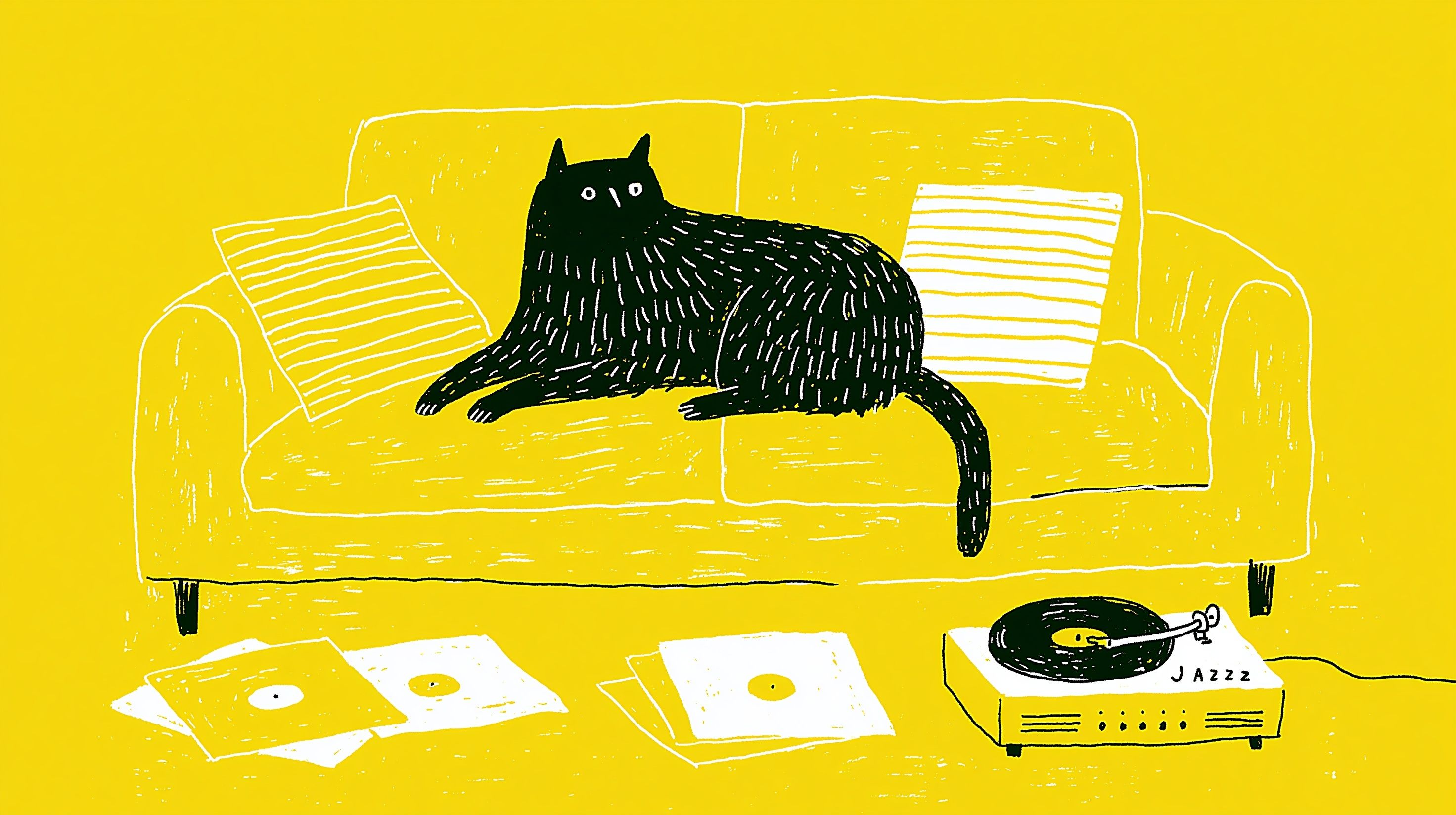 猫がソファに座って、レコードプレーヤーで流れるジャズを聞きながら、とても満足そうにしています。ソファの周りにはいくつかのレコードとレコードジャケットが散らばっています。