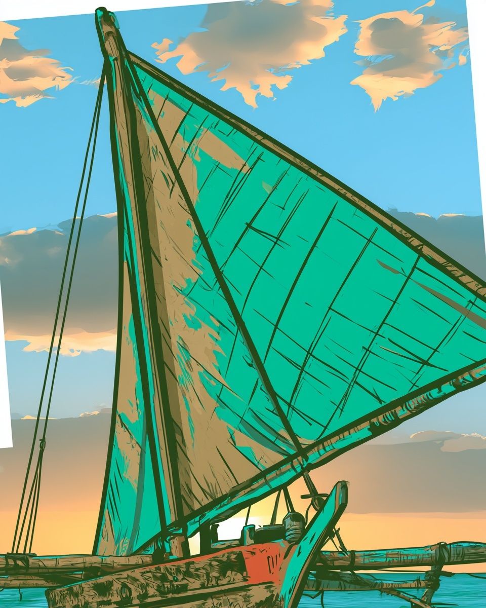 Vintage nautical illustration of a wooden sailboat at dusk on calm coastal water