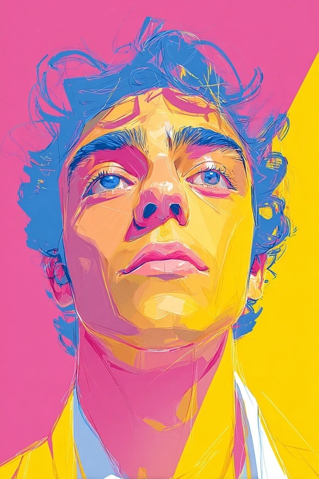 Pintura digital ousada com blocos de cores em rosa quente, azul elétrico e amarelo ensolarado