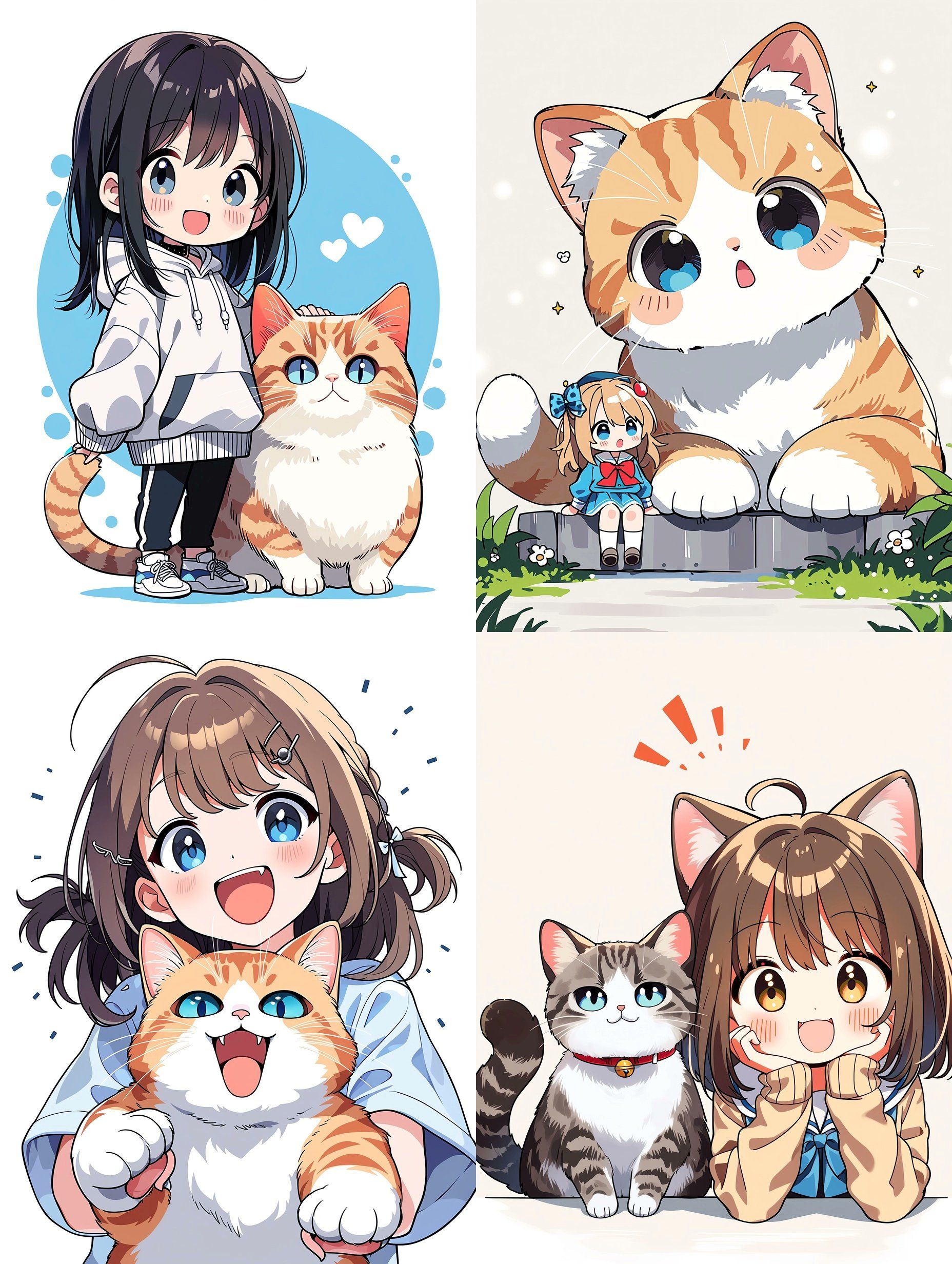 L'illustration chibi en quatre panneaux présente des filles interagissant avec des chats