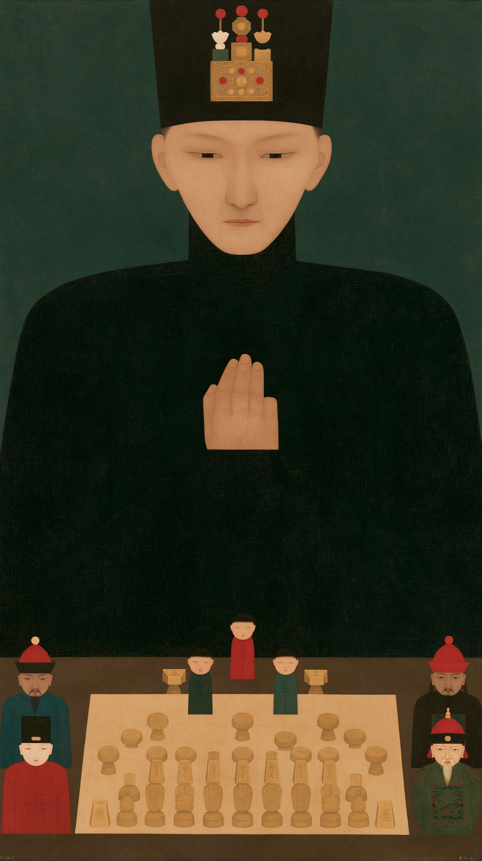 A giant figure slowly raises his hand as miniature figures and Chinese chess pieces appear on the table