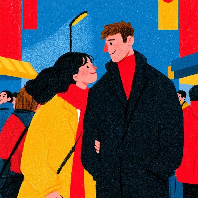 Um jovem casal posa junto em uma famosa rua japonesa à noite
