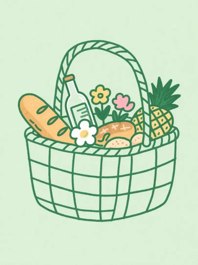 Minimal hand-drawn green line illustration of a checkered picnic basket