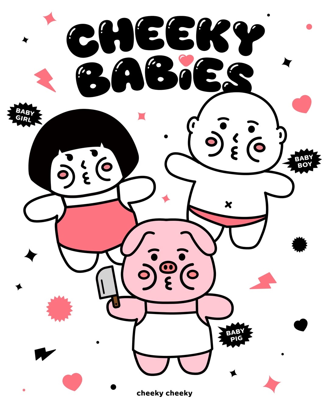 Kawaii-Stil-Linienkunst zeigt drei babyartige Charaktere und ein Schwein