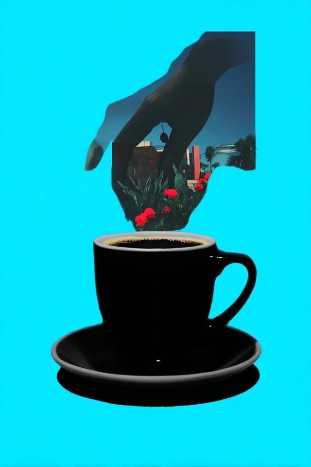 Wagemutige minimalistische Porträtkunst mit einer kontrastreichen Cyan-, Schwarz- und Karminpalette, passend für Modemagazine und Albumcover