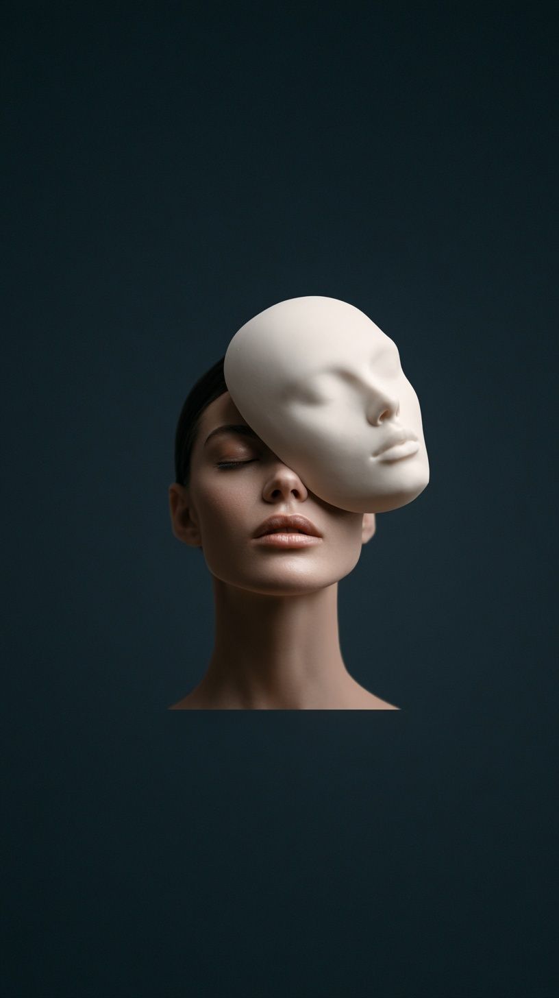 This is a surrealist portrait of a woman with her face partially obscured by a pale porcelain mask