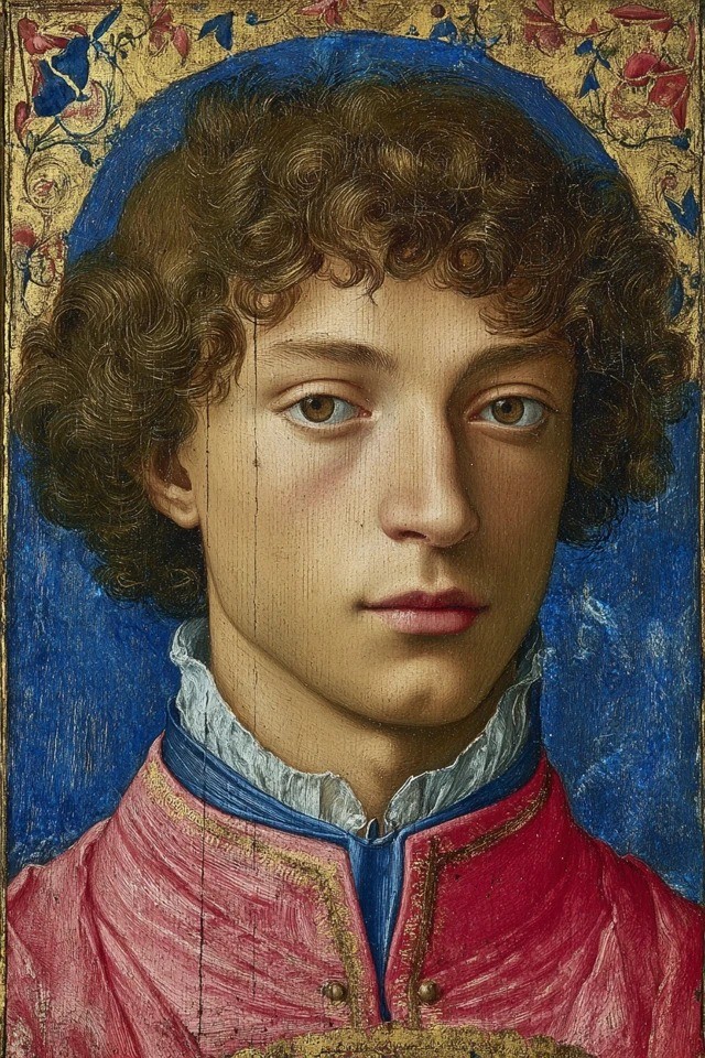 Early Renaissance panel painting featuring ultramarine blue and vermilion with gold leaf