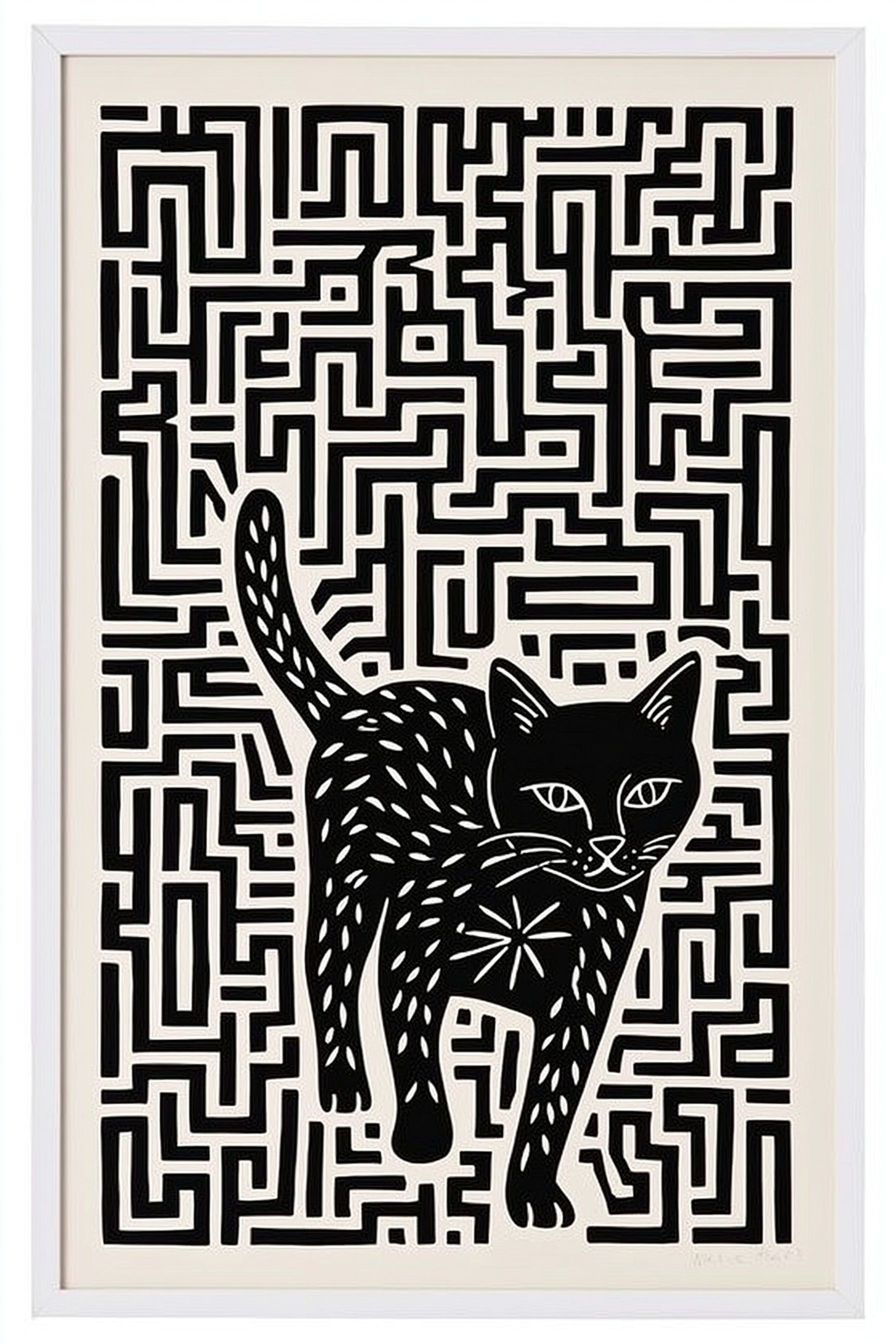 قطة سوداء فقدت في المتاهة ، نمط ملصق أسلوب نورديكي بسيط ، خلفية بيج