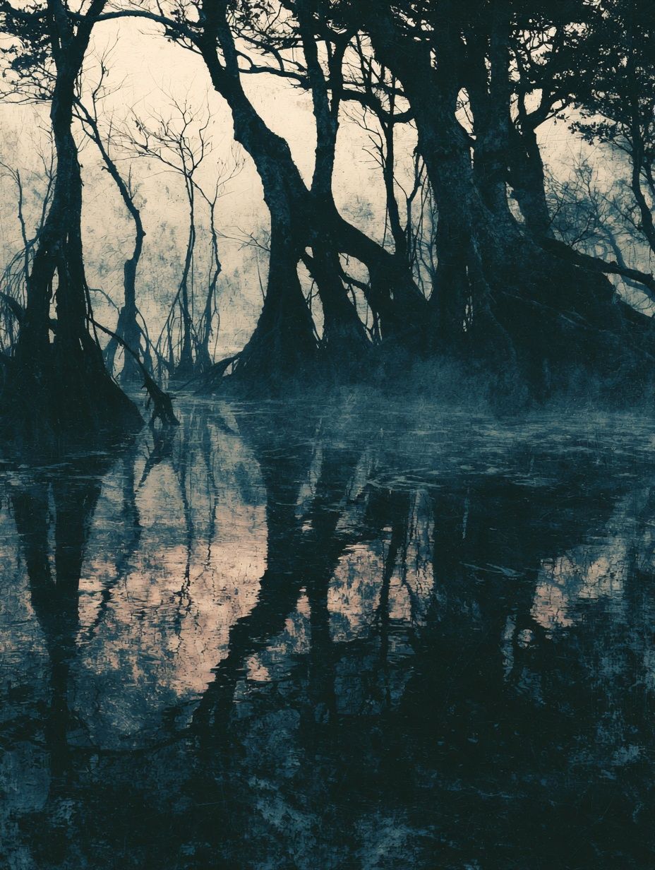 Mangrovenwurzeln bei Morgendämmerung als Silhouette im schwarzen Wasser gespiegelt
