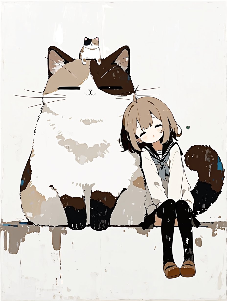 Un chat géant noir-blanc-marron et une fille aux cheveux courts sont assis côte à côte sur une plateforme en pierre, créant une atmosphère sereine