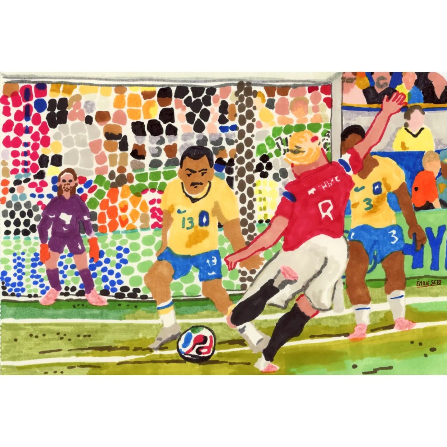 A técnica de aquarela retrata jogadores de futebol competindo perto do gol