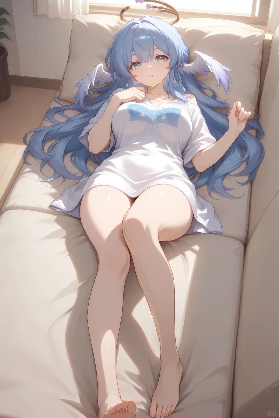 A modern anime illustration featuring a character with large eyes and flowing pastel blue hair lounging on a soft sofa