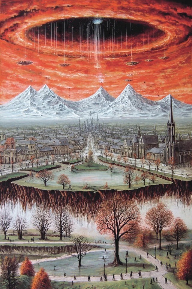 Surrealistische Ölgemälde mit tiefroten und gebrannten Siena-Tönen und komplizierter barocker Ornamentik