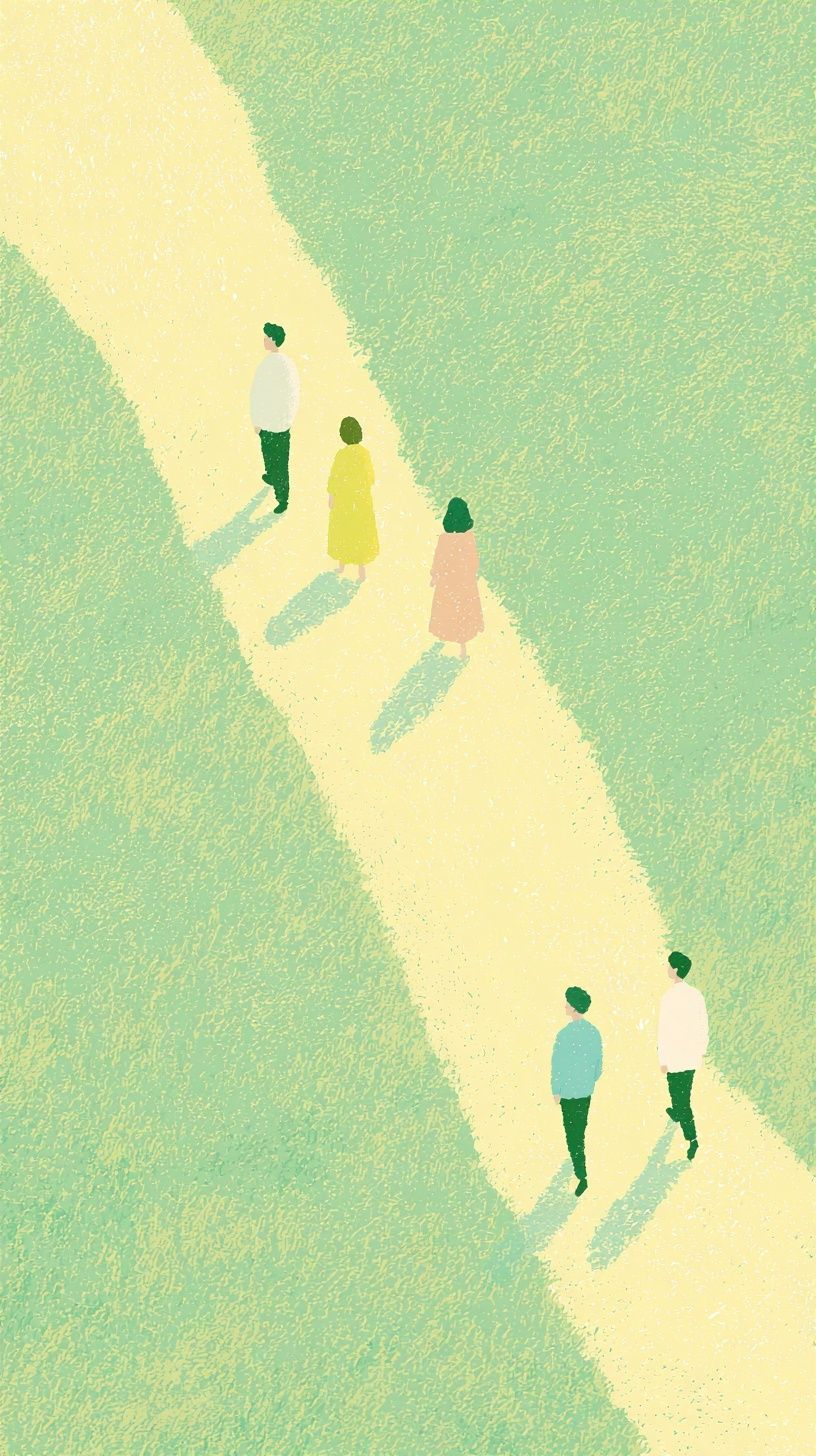 Vier Personen gehen auf einem sonnigen Weg
