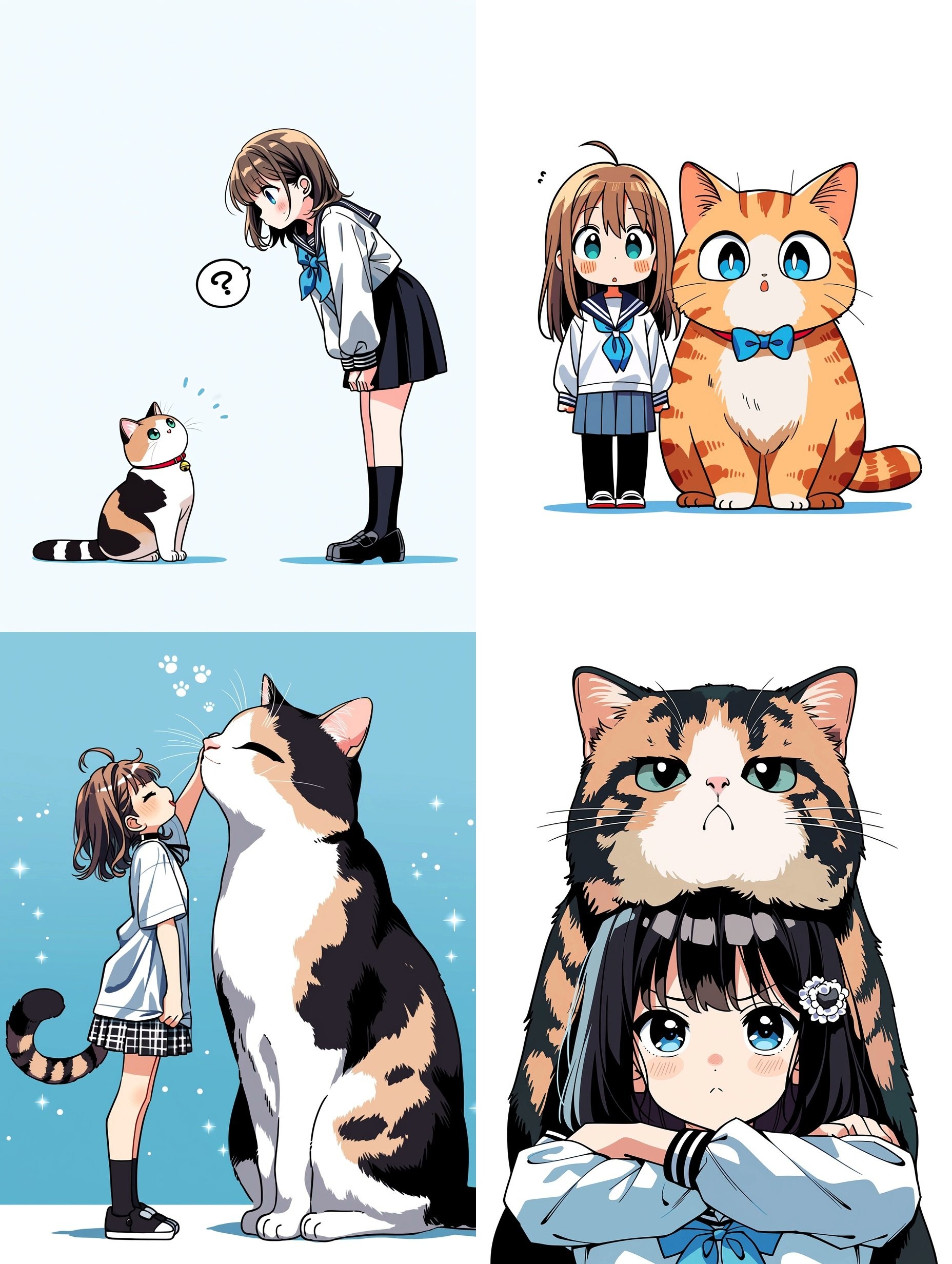 Une bande dessinée en quatre panneaux montre des filles interagissant avec divers chats