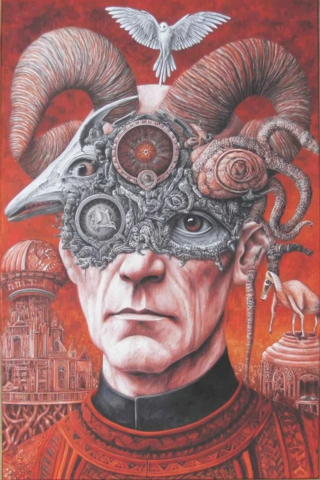 Surrealistische Ölgemälde mit tiefroten und gebrannten Siena-Tönen und komplizierter barocker Ornamentik