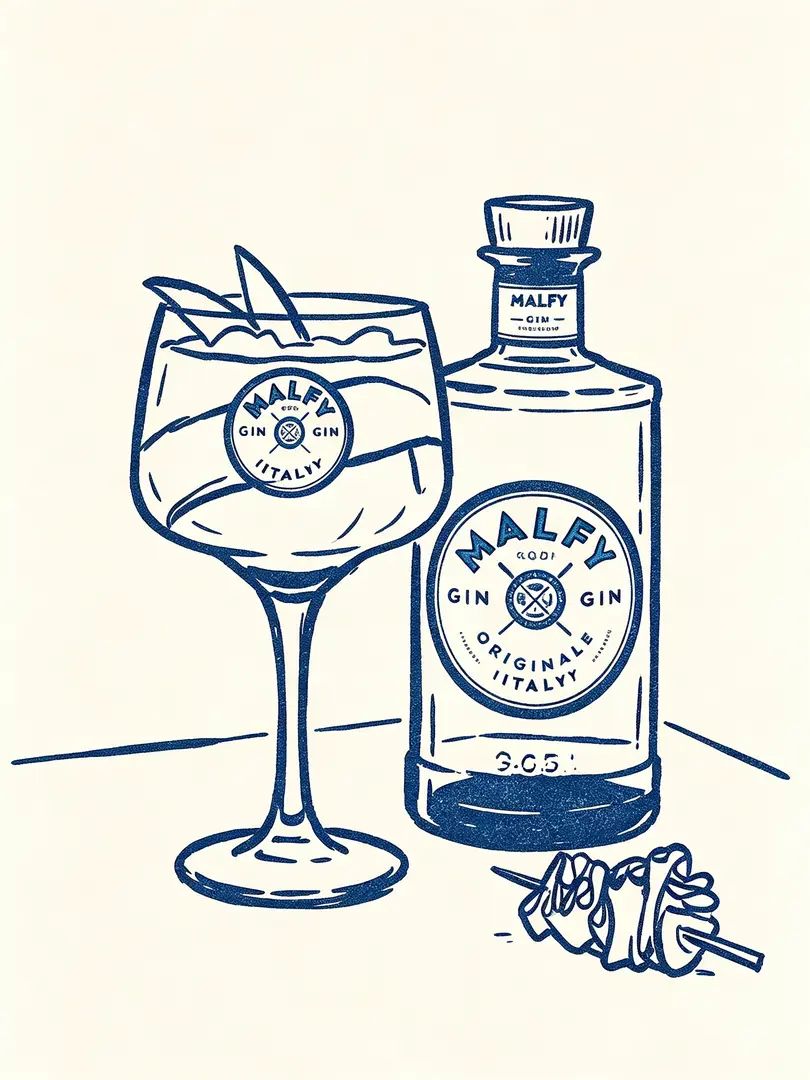 Minimalist hand-drawn style depicts MALFY GIN and drinks