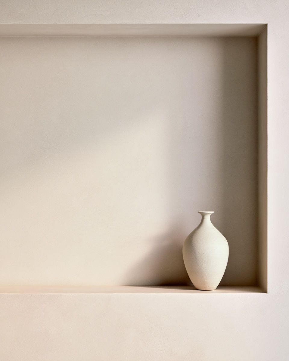Um único vaso de cerâmica pálida, em destaque em uma prateleira de gesso vazia, sombra difusa suave, paleta de cores creme e greige, luz suave do norte pela janela, dessaturado, baixo contraste, aparência fosca de filme, natureza morta editorial tranquila, espaço negativo deliberado