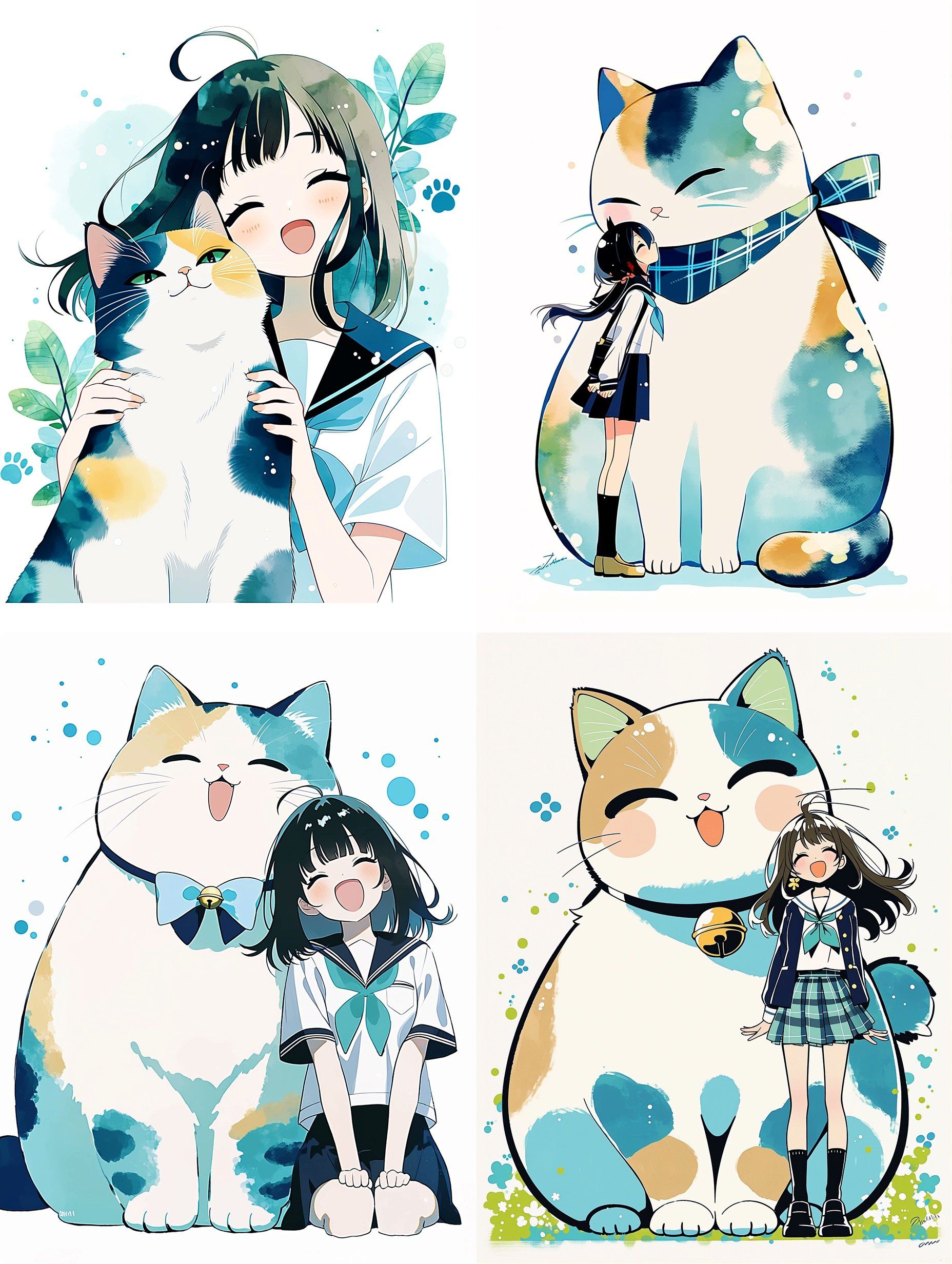 Four watercolor panels depicting a joyful interaction between a black-haired girl and a calico cat