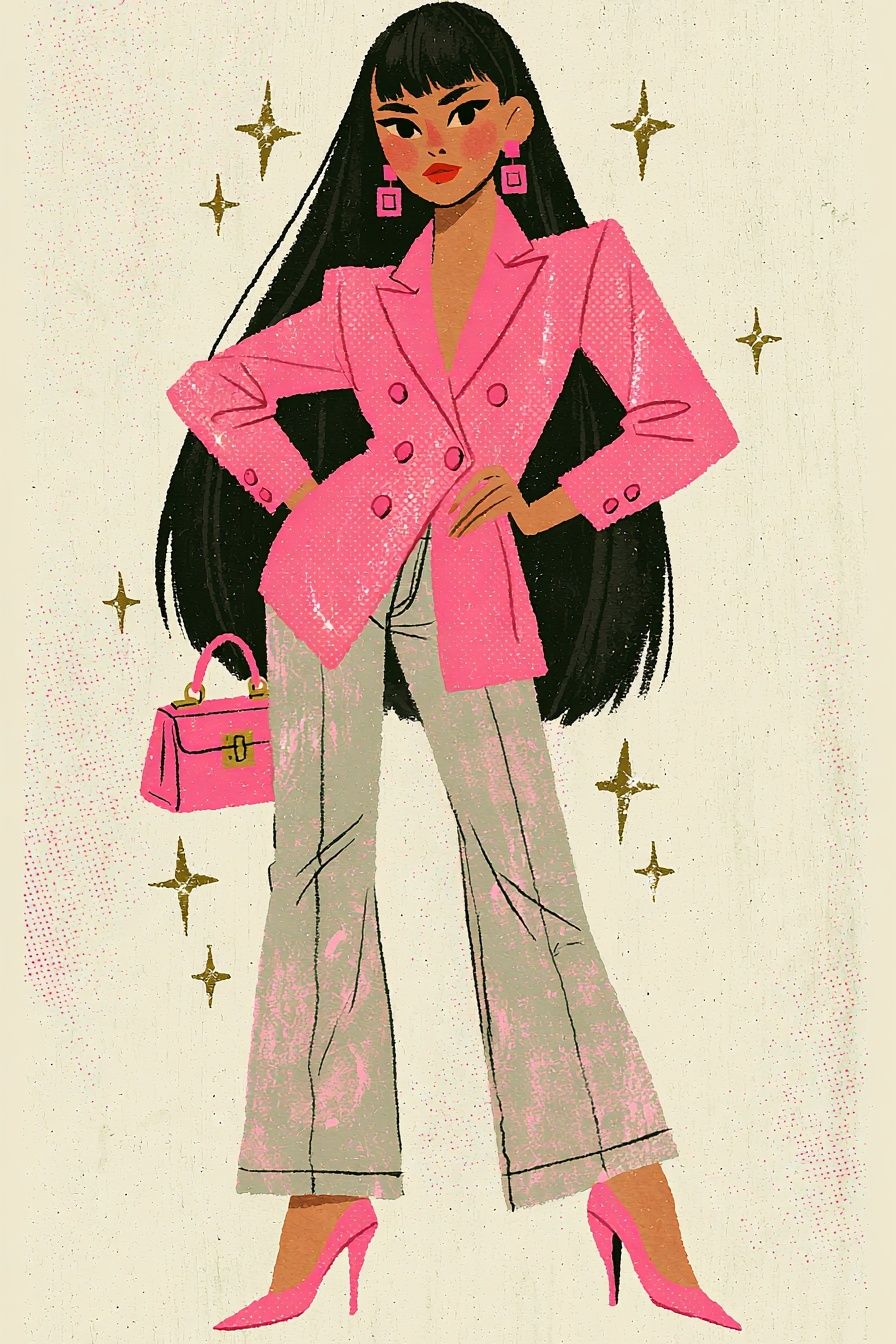 Modeillustration: Eine junge Frau mit langen, glatten, schwarzen Haaren trägt einen leuchtend pinken doppelreihigen Blazer, weite Jeans mit hellblauer Waschung und fuchsiafarbene spitze Stöckelschuhe.