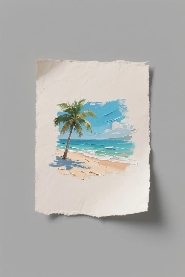 Minimalist oil painting depicting seaside scene with unique paper texture
