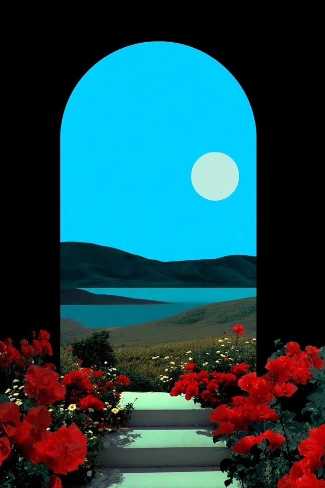 Wagemutige minimalistische Porträtkunst mit einer kontrastreichen Cyan-, Schwarz- und Karminpalette, passend für Modemagazine und Albumcover