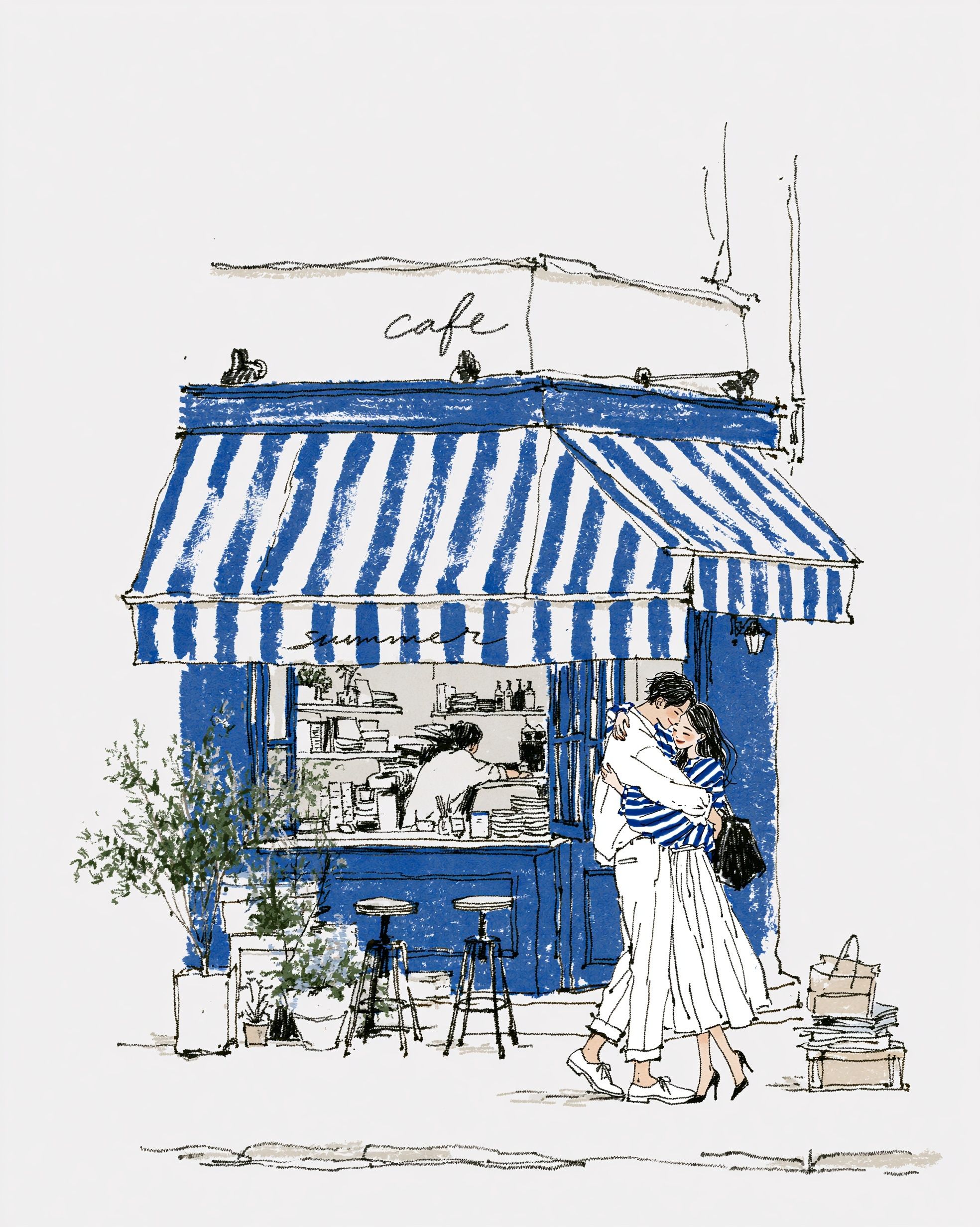 夏のアジアの街角カフェで抱き合うアジアのカップルのシンプルな線画イラスト