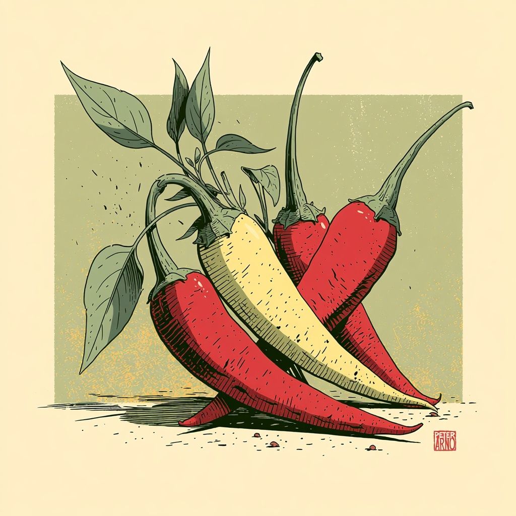 Four spicy peppers illustrated by Peter Arno