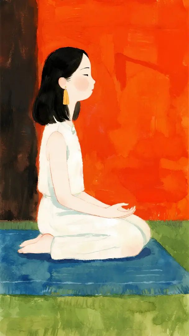 Art piece in Jimmy picture book style depicting a woman in meditation pose