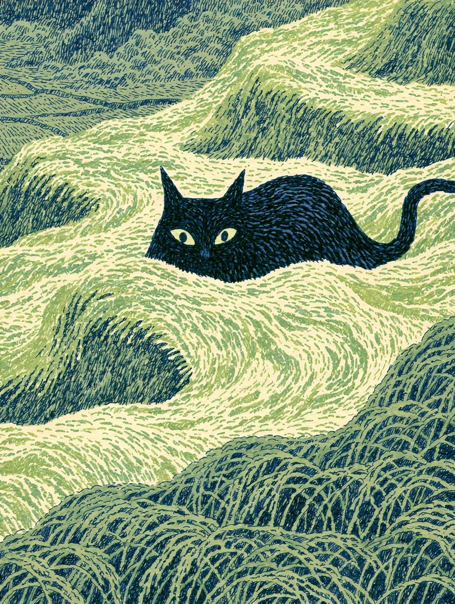 Mysterious black creature concealed among undulating rice fields, uncanny art, stylised illustration, colored biro drawing.