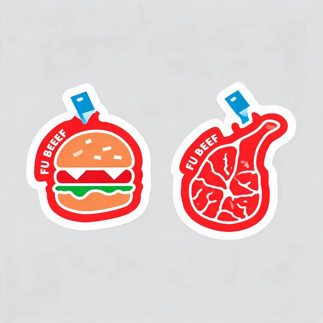 イラストはフラットスタイルで牛肉ハンバーガーとトマホークステーキの幾何学的なシールデザインを表現