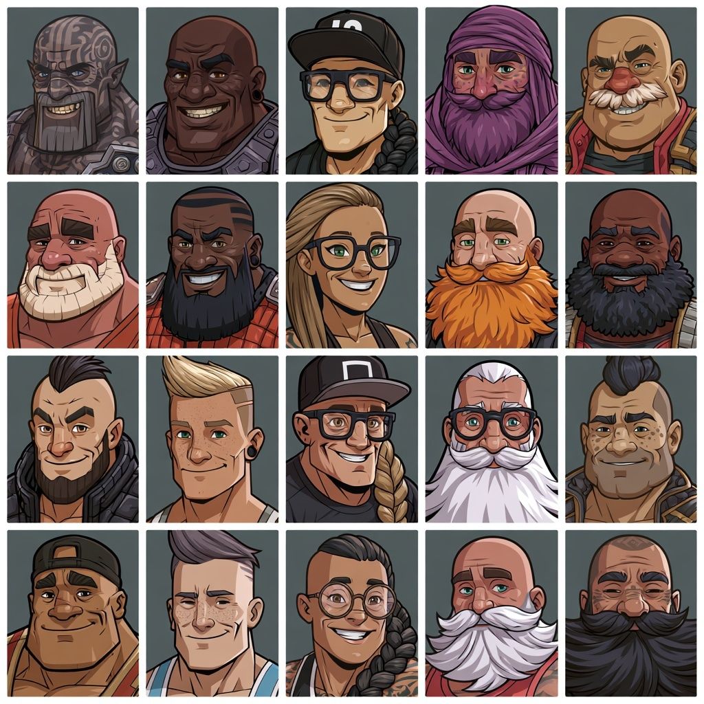 A 4 by 4 grid of avatars showcasing only players' heads facing forward, without backgrounds or frames.