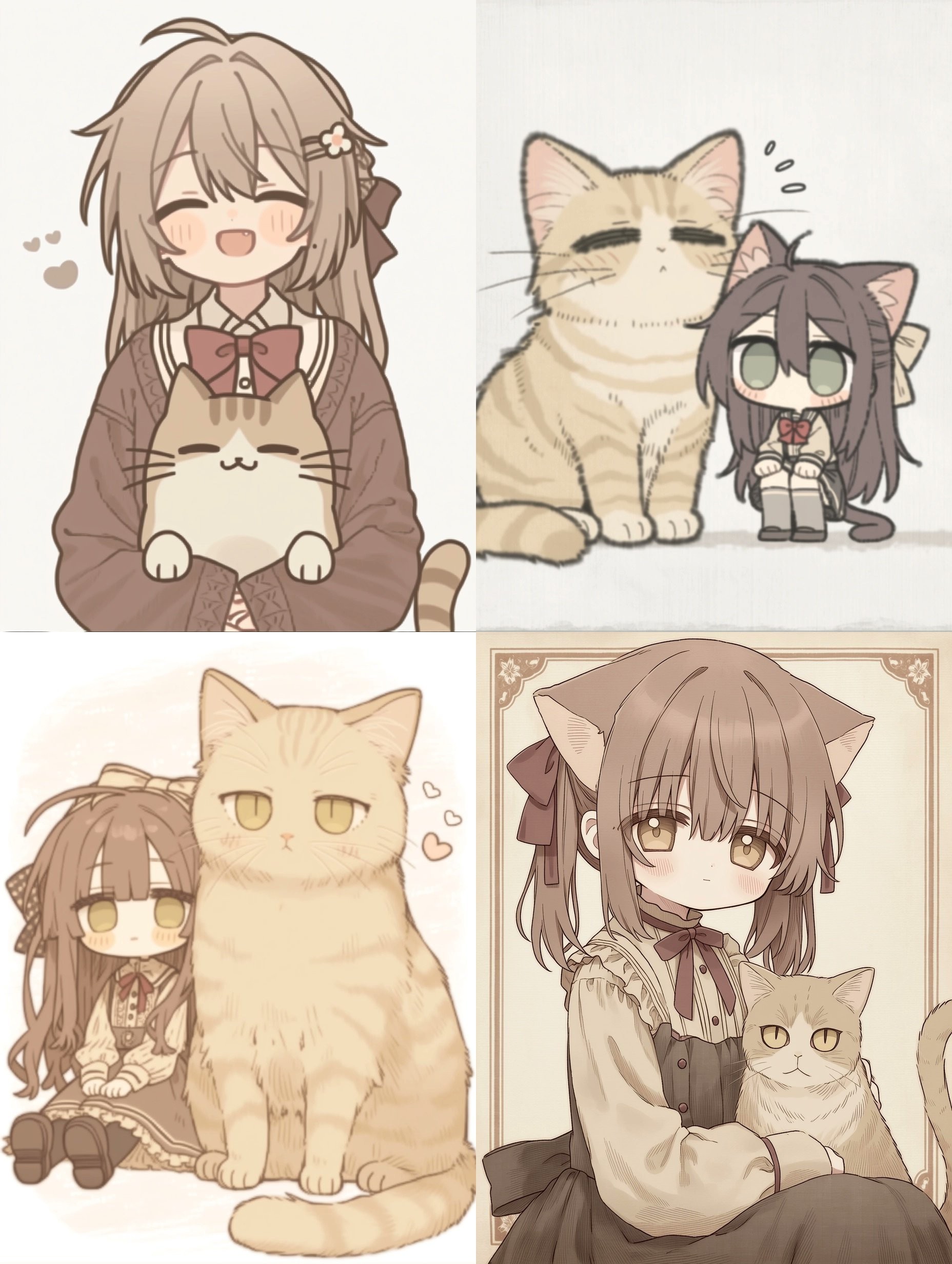 Quatre panneaux montrent différents styles de filles mignonnes et de chats