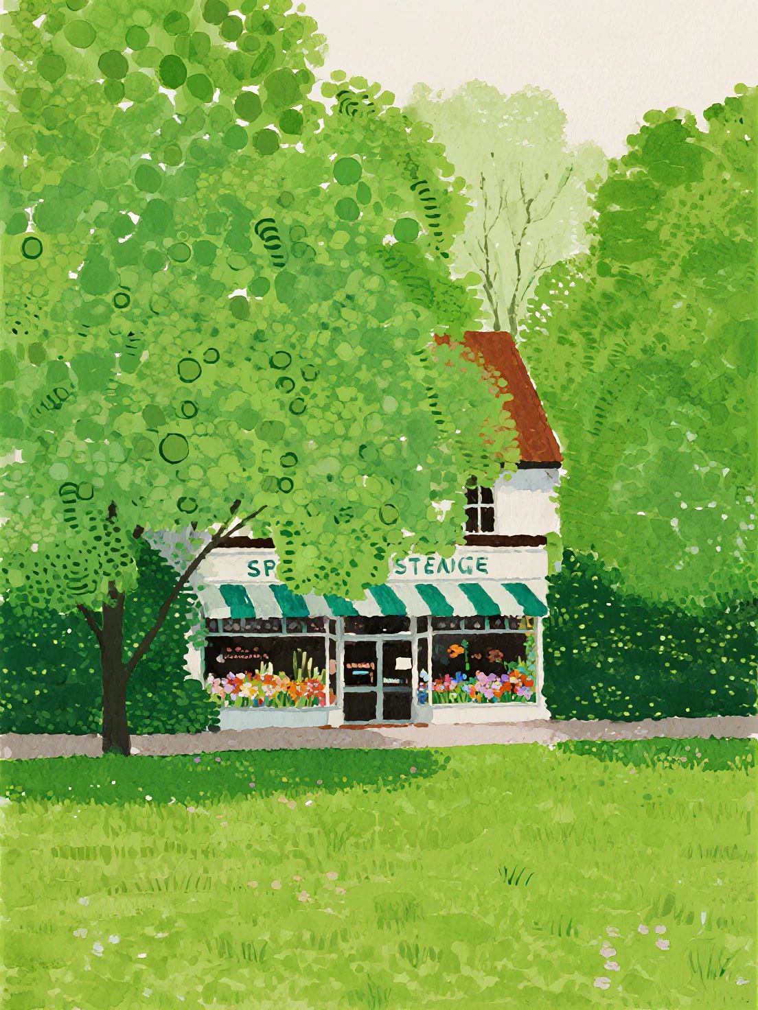 A watercolor illustration depicting a spring countryside scene centered on a flower shop