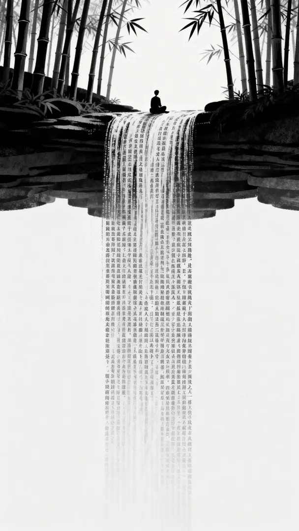 Minimalist black and white text waterfall with tiny person sitting inside