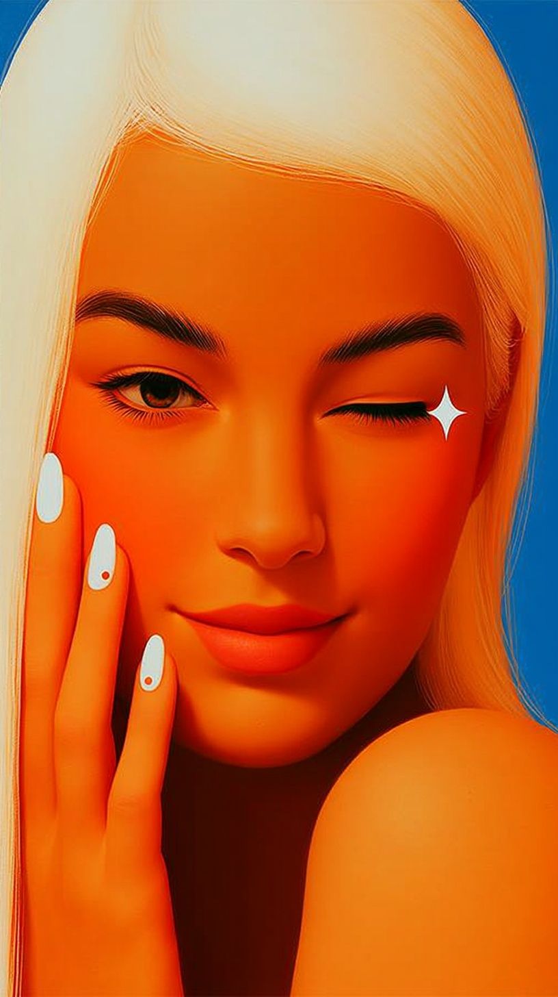A tarot card featuring a woman with one eye closed and a playful smile. Close-up shot of her face in warm golden light, with blonde hair, hazel eyes, and pink lipstick.