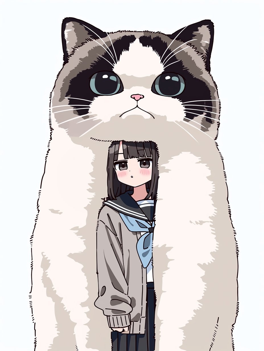 Ein schwarzhaariges Mädchen in einer grauen Matrosenuniform posiert mit einer riesigen Katze