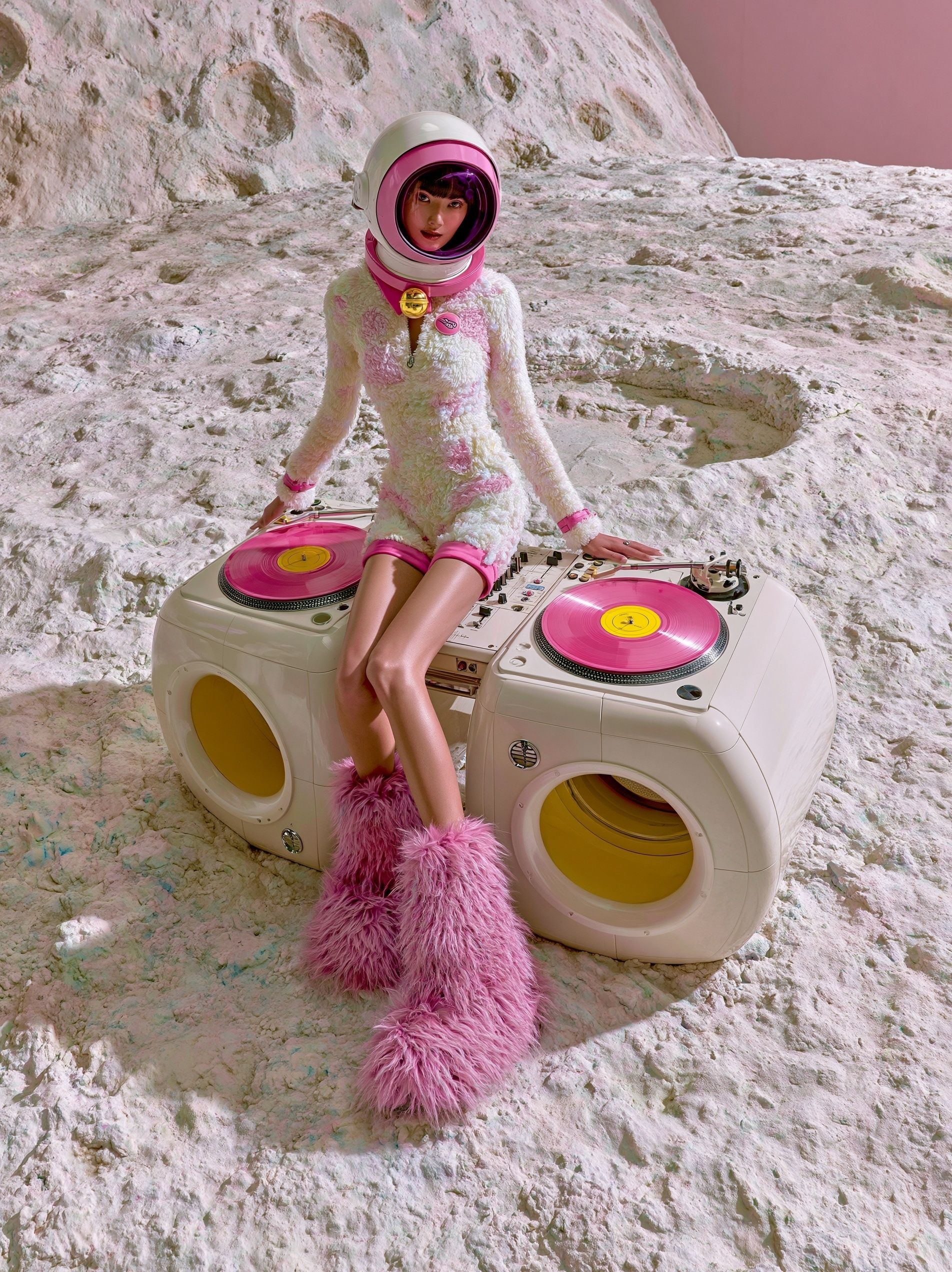 Uma modelo está de pé na cabine de DJ na lua