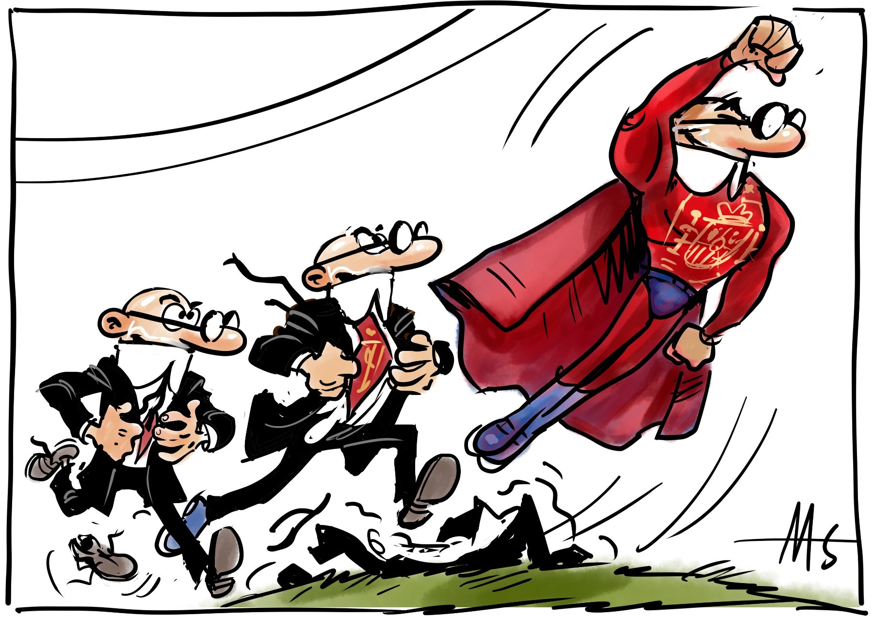 Political cartoon featuring a red-caped superhero dynamically pursuing suited men with ink and watercolor effects