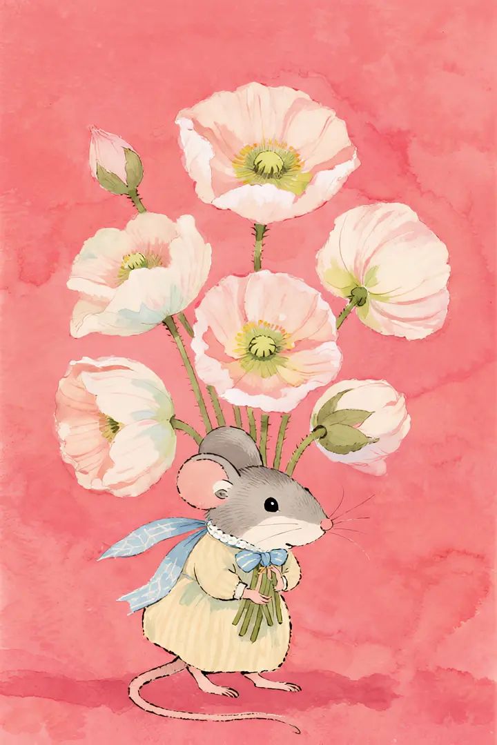 The illustration features a small mouse in clothes holding giant poppy flowers