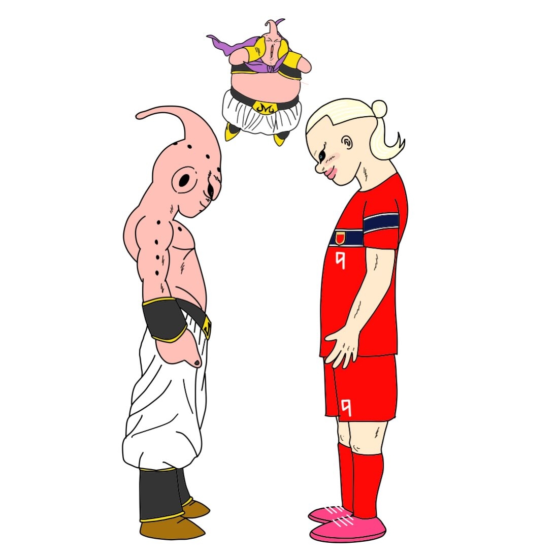 La ilustración combina el estilo de anime con temas de fútbol, mostrando la interacción fantástica de tres personajes